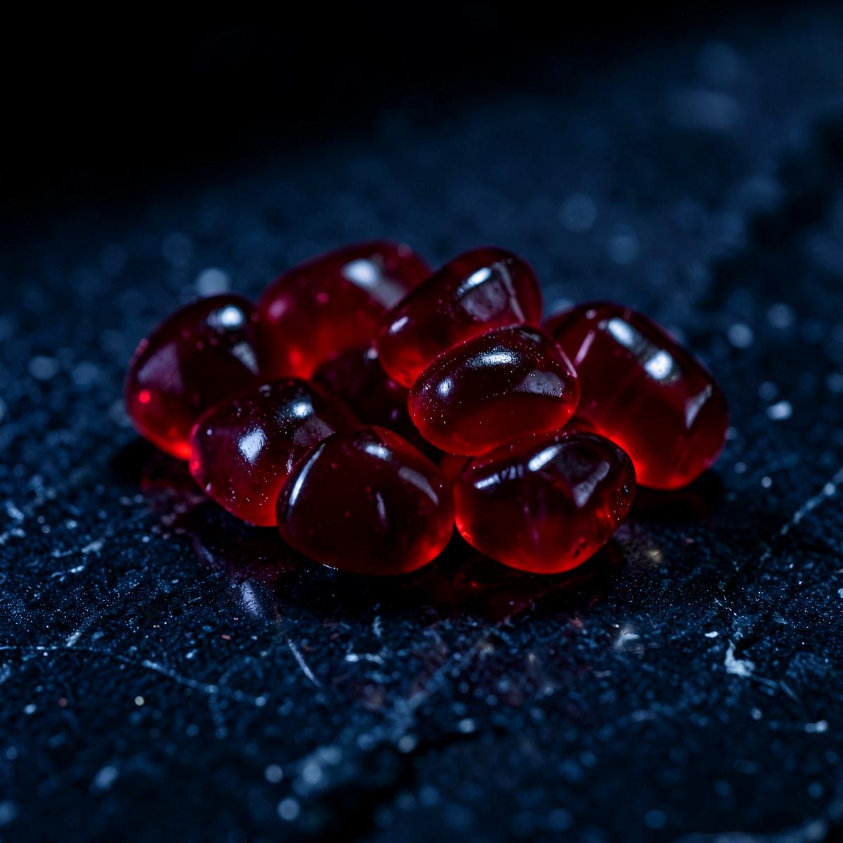 Deep red FitWell berry gummies on a dark stone surface