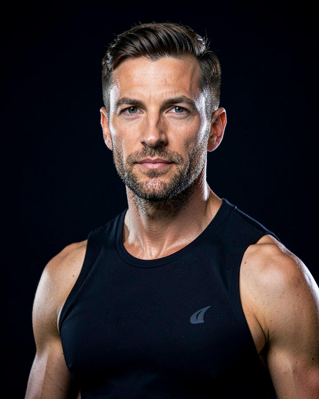 Confident man in his late thirties in a dark studio portrait